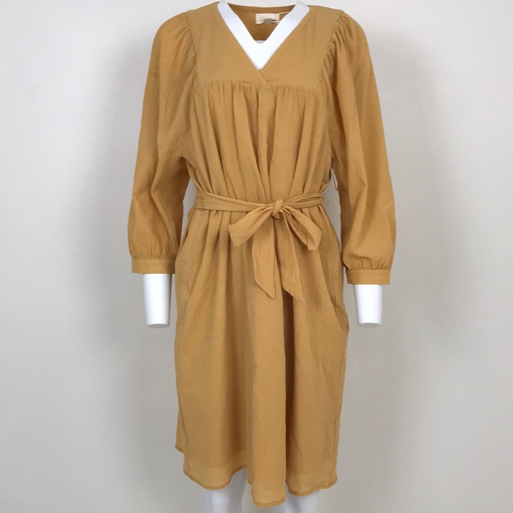 Yellow V-Neck Midi Dress with Tie